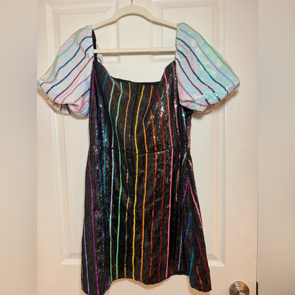QUEEN OF SPARKLES Rainbow Sequin Stripe Dress with White Sleeves - Picture 3 of 3